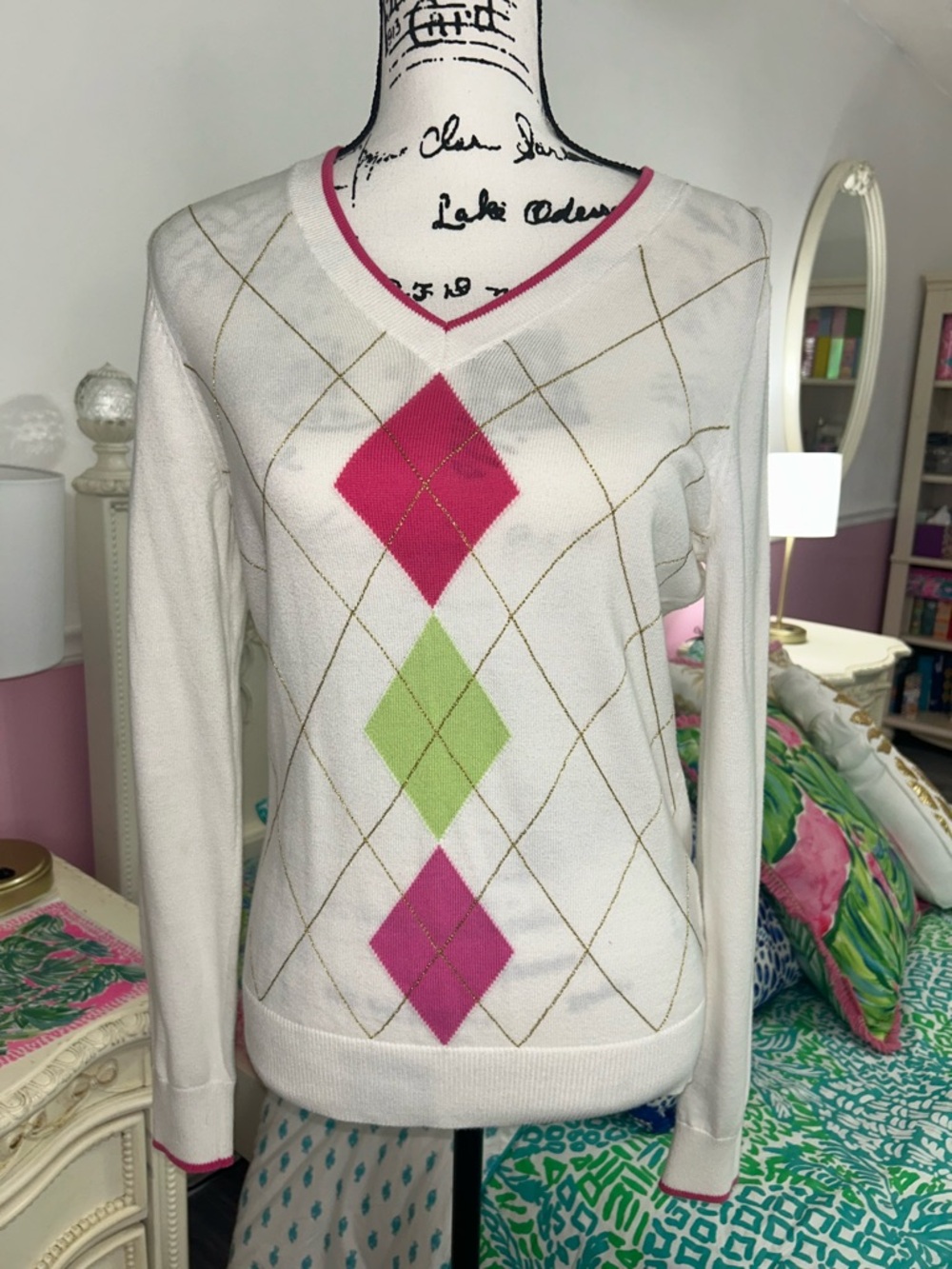 Lilly Pulitzer v-neck sweater, Argyle pattern with pink trim, Size Small